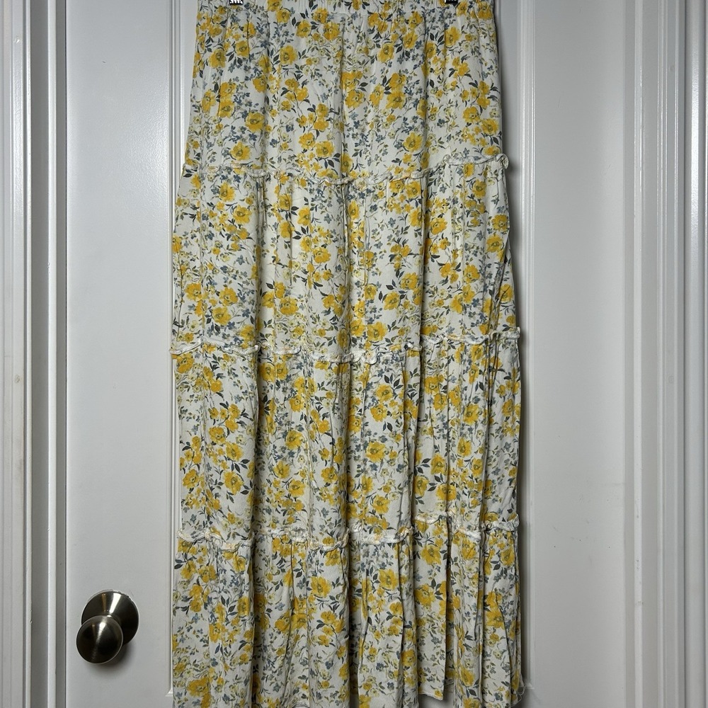 Ultra Flirt Yellow Floral Tiered Maxi Skirt Cottagecore Garden Party Boho Style